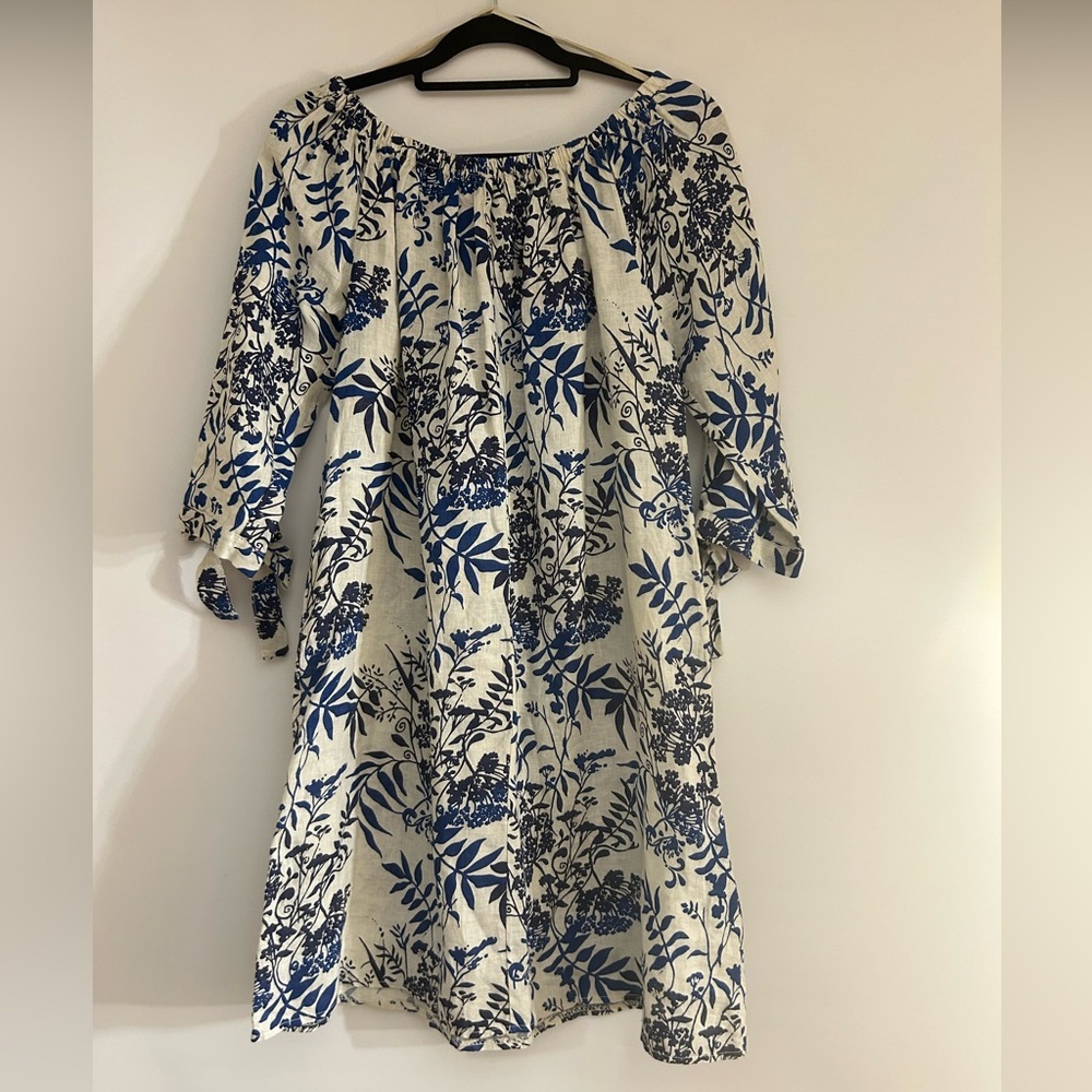 VALENTINA NALDI MADE IN ITALY OFF THE SHOULDER LINEN NAVY & BEIGE WOMENS DRESS M - Picture 3 of 11